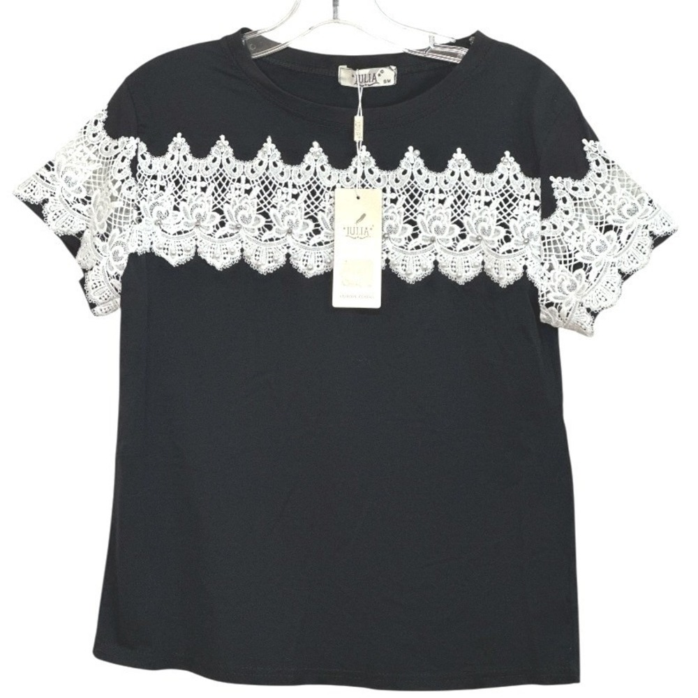 JULIA Black Short Sleeve T Shirt Beaded and White Lace‎ Trim Casual Chic S/ M